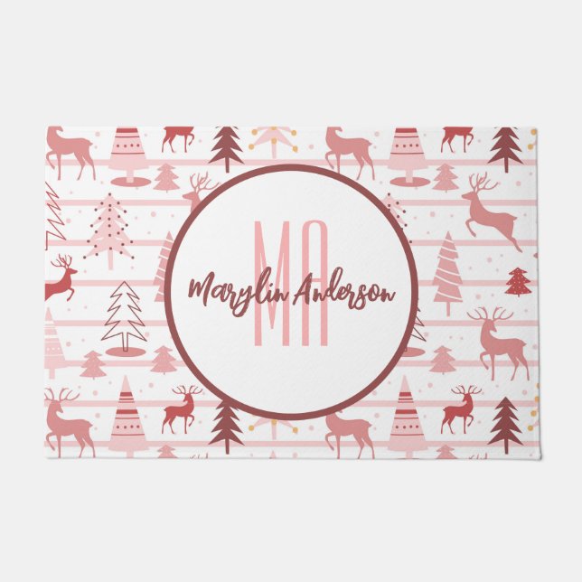 PINK REINDEER & CHRISTMAS BÄUME CUSTOM MONOGRAM FUßMATTE (Vorderseite)