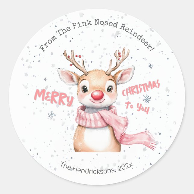 Pink Reindeer Christmas Runder Aufkleber (Vorderseite)