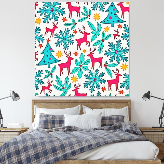 Pink Reindeer Teal Tree Pattern Design Leinwanddruck (Insitu (Schlafzimmer))