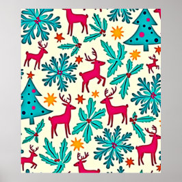 Pink Reindeer Teal Tree Pattern Design Poster
