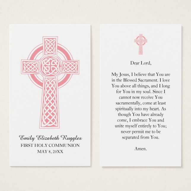 Pink Religious Cross First Communion Prayer Card (Vorne & Hinten)