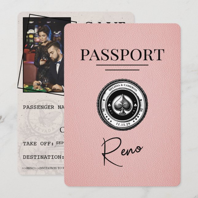 Pink Reno Passport Save the Date (Vorne/Hinten)