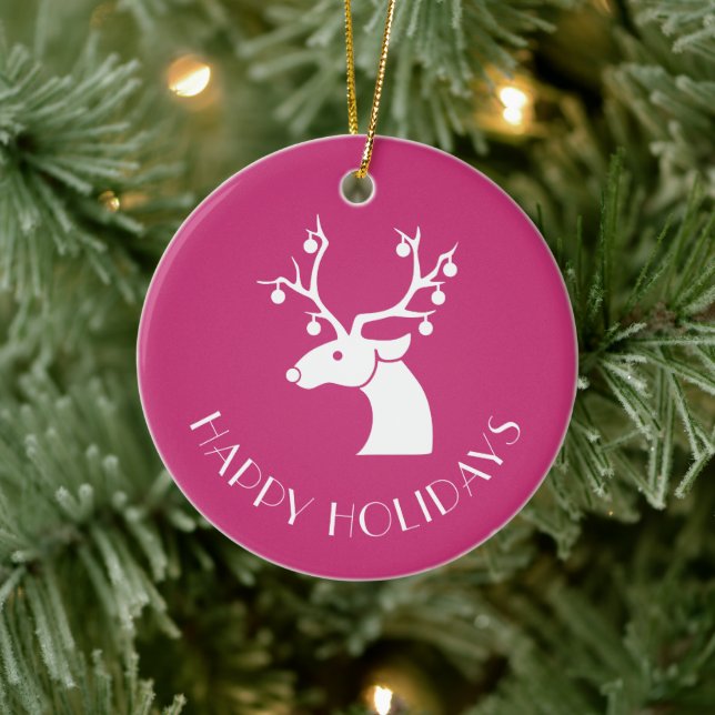 Pink Rentier HAPPY FERIEN Personalisierter Name Keramikornament (Baum)