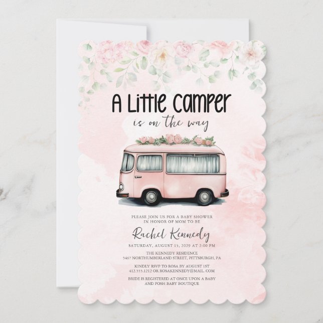 Pink Retro Camper Kleine Camper Babydusche Einladung (Vorderseite)