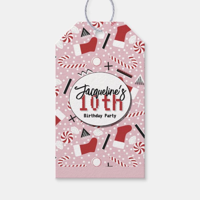Pink Retro Christmas Peppermint Birthday Geschenkanhänger (Vorderseite)
