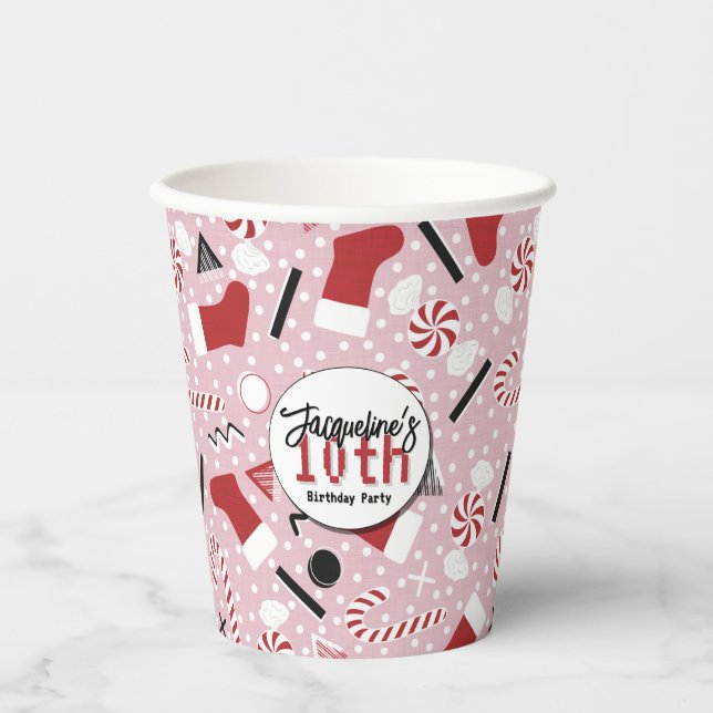 Pink Retro Christmas Peppermint Birthday Pappbecher (Vorderseite)