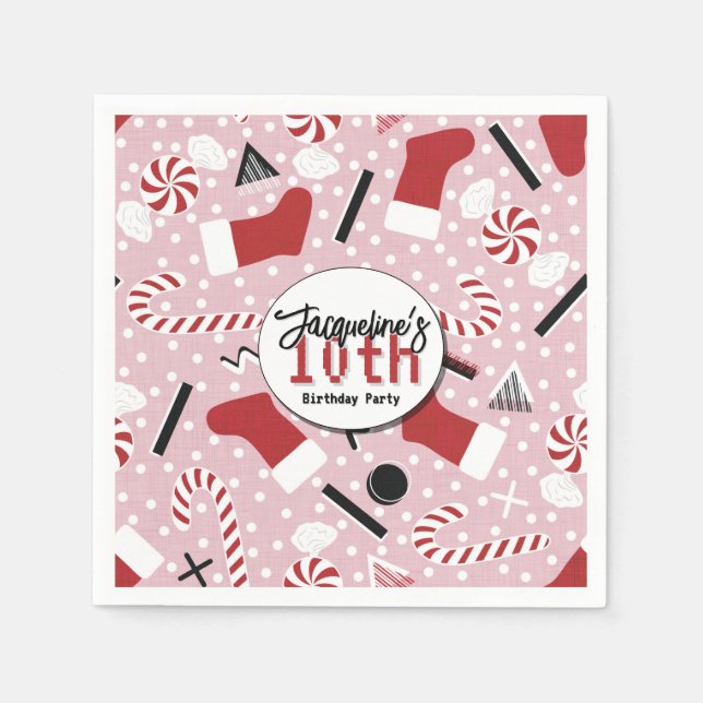 Pink Retro Christmas Peppermint Birthday Serviette (Vorderseite)