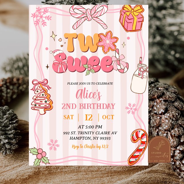 Pink Retro Christmas Winter Two Sweet Birthday Einladung (Von Creator hochgeladen)
