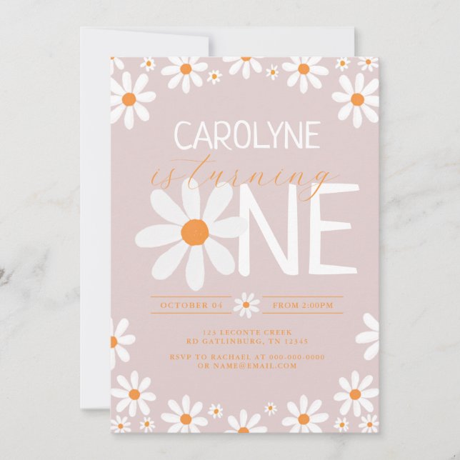 Pink Retro Daisy Invitations de fête d'anniversair (Devant)