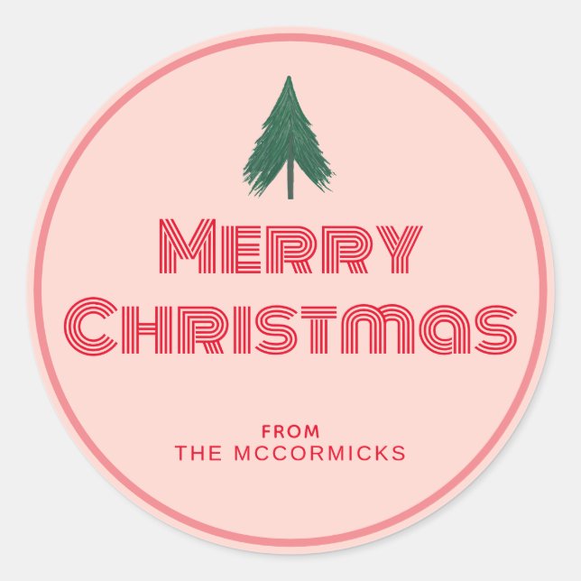 Pink Retro Frohe Weihnachten Personalisiert Runder Aufkleber (Vorderseite)