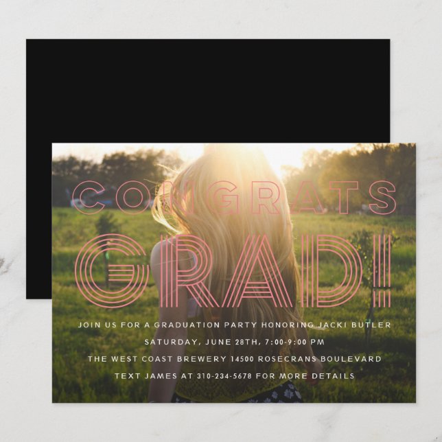 Pink Retro Grad Graduation Photo Invitation (Devant / Derrière)