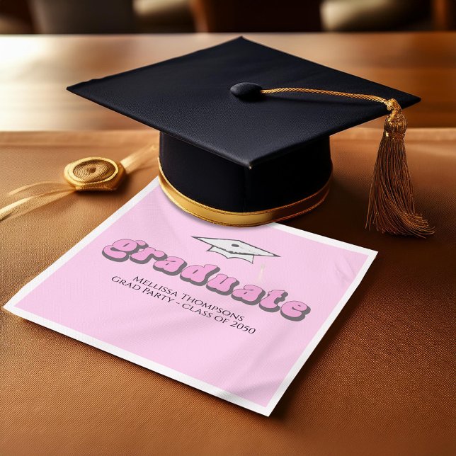 Pink Retro Graduation Party Custom Cocktail Serviette (Pink retro graduation cocktail napkin)