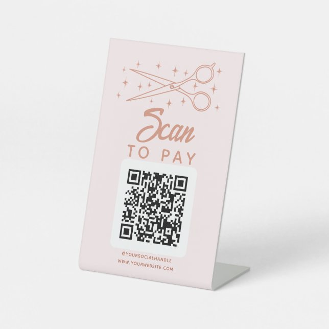 Pink Retro Haarstylist Scan to Pay QR Code Sockelschild (Vorderseite)
