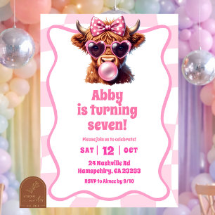 Pink Retro Highland Cowgirl Geburtstag Einladung