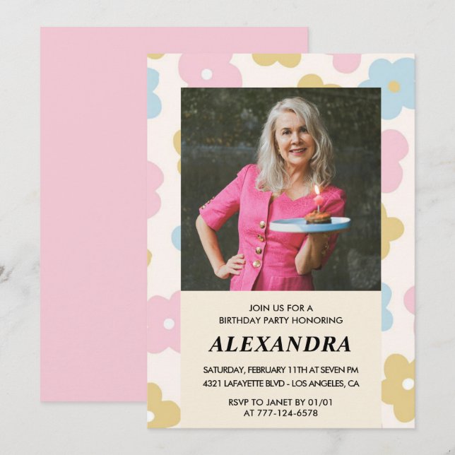 Pink Retro Photo Floral Invitation à 88e anniversa (Devant / Derrière)