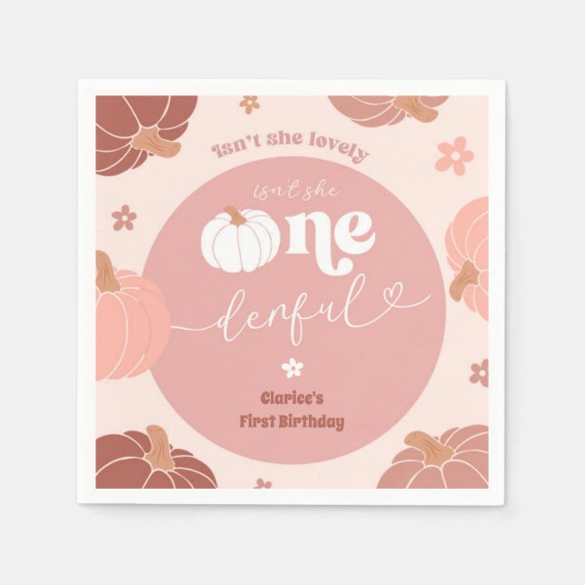 Pink Retro Pumpkin 1st Birthday Paper Napkin Serviette (Vorderseite)