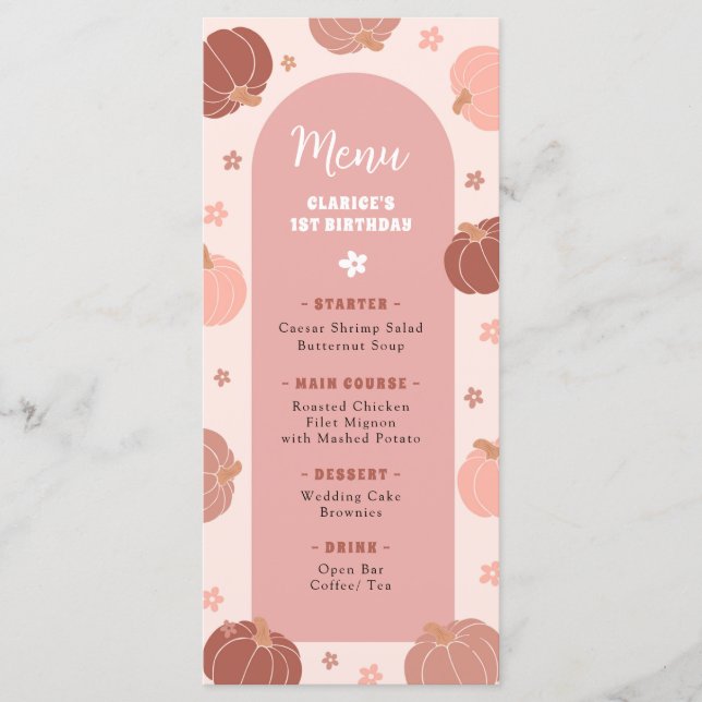 Pink Retro Pumpkin Boho First Birthday Menu Menükarte (Vorderseite)