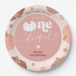 Pink Retro Pumpkin First Birthday Paper Plate Pappteller