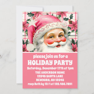 Pink Retro Santa Claus Kariertes Weihnachten Einladung