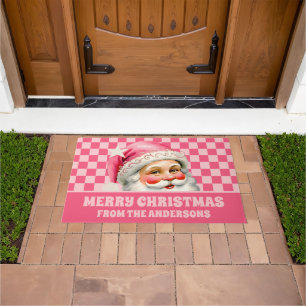 Pink Retro Santa Claus Pink Tartan Karierte Weihna Fußmatte