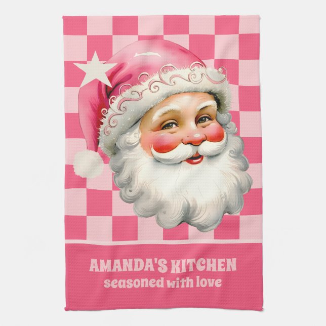 Pink Retro Santa Claus Pink Tartan Karierte Weihna Geschirrtuch (Vertikal)