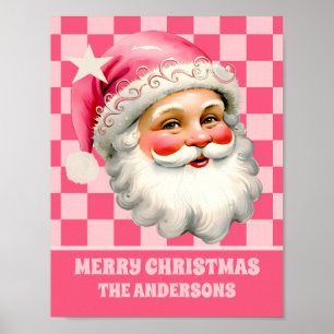 Pink Retro Santa Claus Pink Tartan Karierte Weihna Poster