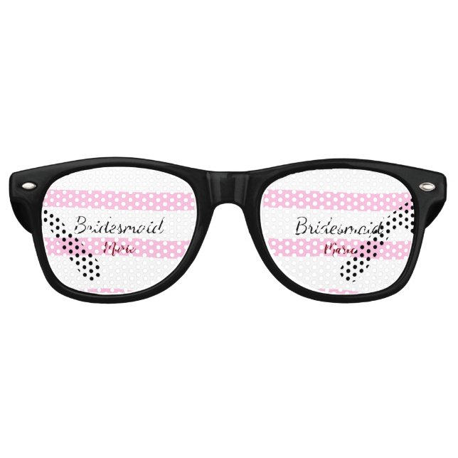 Pink Retro Stripesadd your name custom bridesmaid Partybrille (Vorderseite)