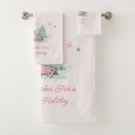 Pink Retro Truck Wasserfarbener Weihnachtsbaum Badhandtuch Set