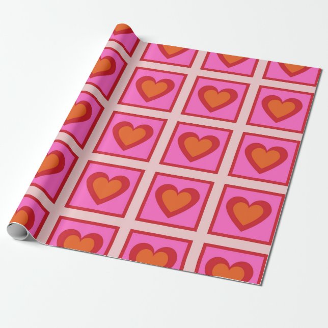 Pink Retro Vintag Checkered Heart Y2K Pattern Geschenkpapier (Ungerollt)