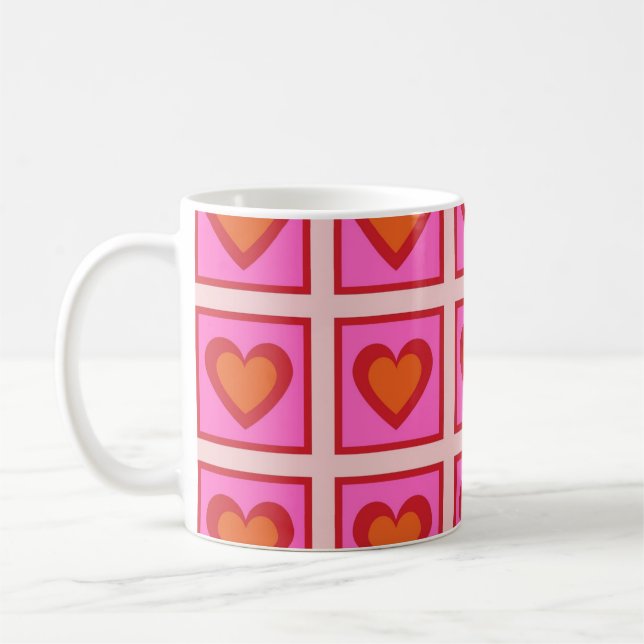 Pink Retro Vintag Checkered Heart Y2K Pattern Kaffeetasse (Links)