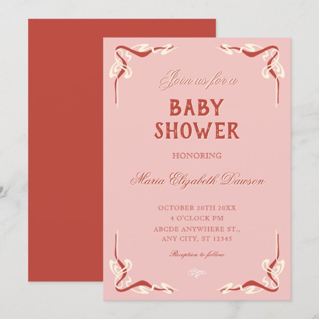 Pink retro vintage baby shower einladung (Vorne/Hinten)