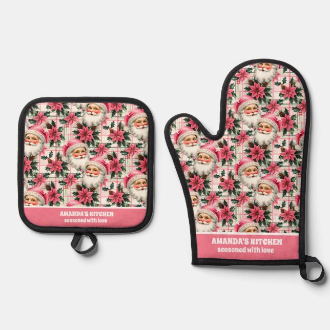 Pink Retro Weihnachten Weihnachten Blumenkohl Kari Ofenhandschuh & Topflappen-Set (Vorderseite)
