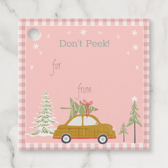 Pink Retro Weihnachtswagen Woodland Geschenkmarke Geschenkanhänger (Vorderseite)