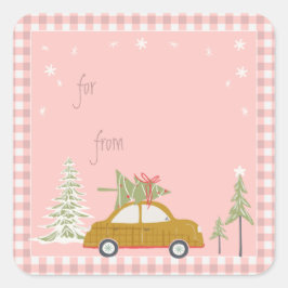 Pink Retro Weihnachtswagen Woodland Geschenkmarke Quadratischer Aufkleber