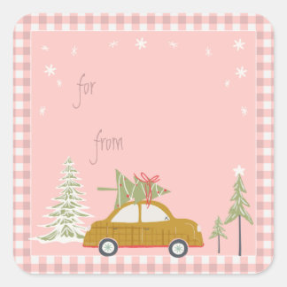 Pink Retro Weihnachtswagen Woodland Geschenkmarke Quadratischer Aufkleber