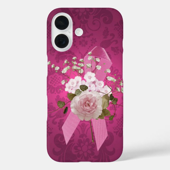Pink Ribbon auf Magenta Damask iPhone 16 Hülle (Rückseite)