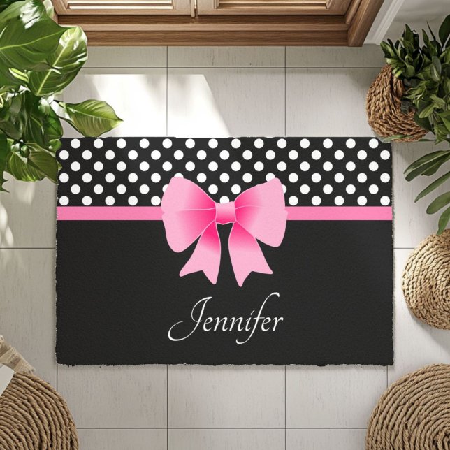 Pink Ribbon Black & White Polka Dots Name Fußmatte (Pink Ribbon Black & White Polka Dots Name Doormat)