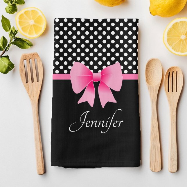 Pink Ribbon Black & White Polka Dots Name Geschirrtuch (Cute Pink Bow Black And White Kitchen Towel
)