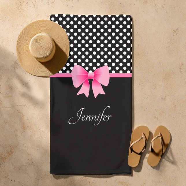 Pink Ribbon Black & White Polka Dots Name Strandtuch (Pink Ribbon Black & White Polka Dots Name Beach Towel)