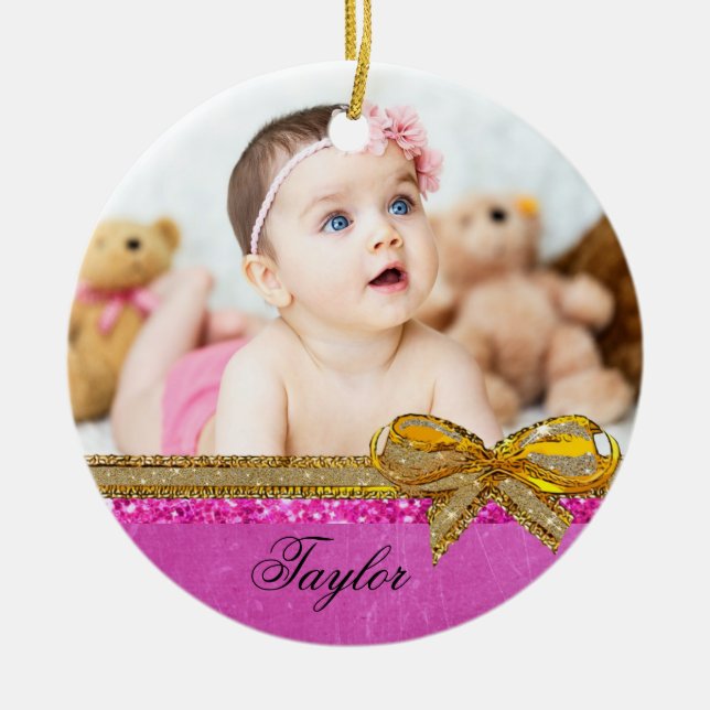 Pink Ribbon & Bow Baby Foto Ornament Keepake (Vorne)