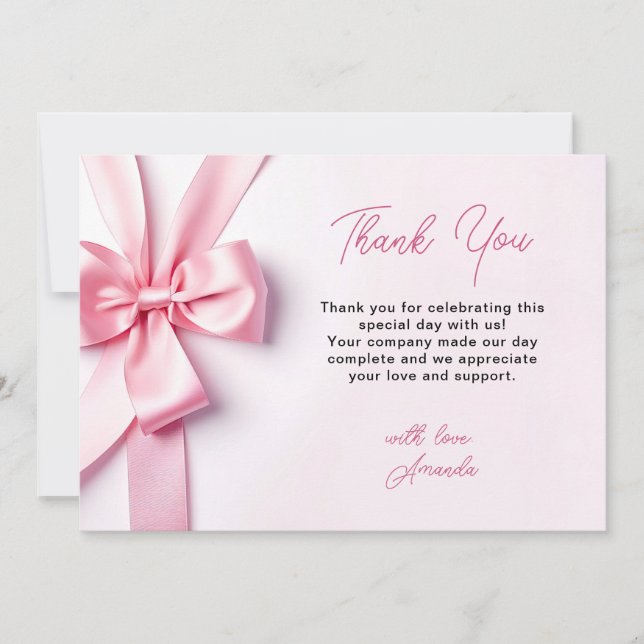 Pink Ribbon Bow Baby Shower Dankeskarte (Vorderseite)