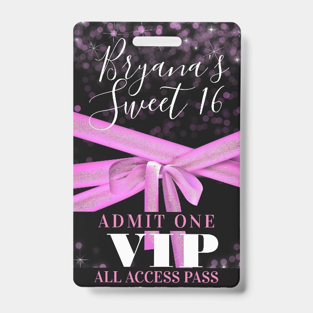 Pink Ribbon Bow Sweet 16 Party VIP Pass Ausweis (Front)