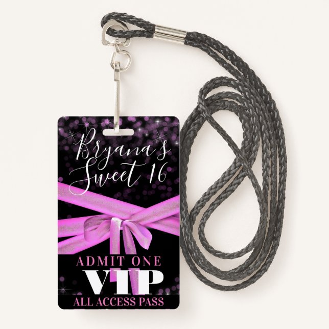 Pink Ribbon Bow Sweet 16 Party VIP Pass Ausweis (Vorderseite mit Schlüsselband)