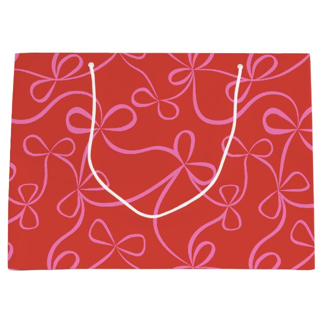 Pink Ribbon Bows on Red Modern Holiday Große Geschenktüte (Vorderseite)