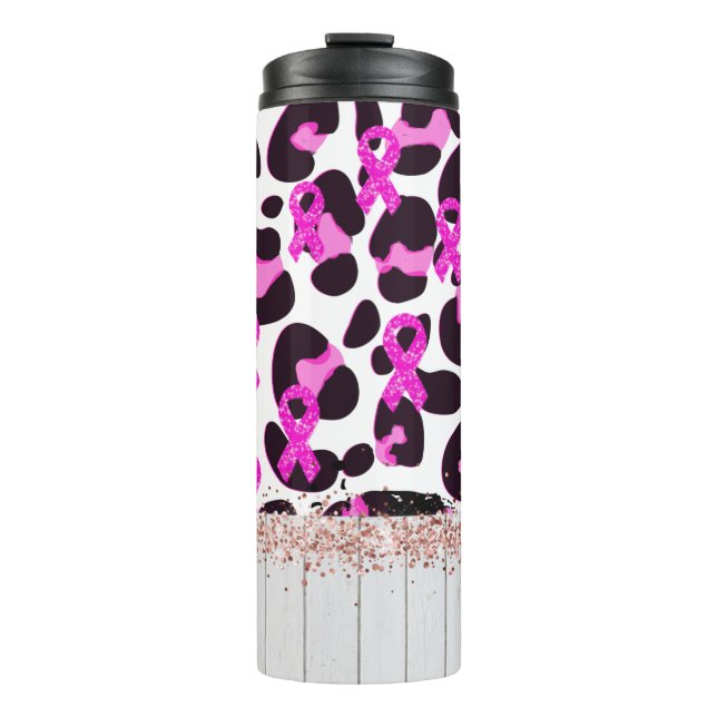 Pink Ribbon Brustkrebs Bewusstsein Kuh Drucken Thermosbecher (Vorderseite)