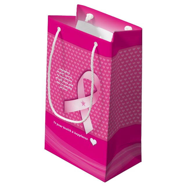 Pink Ribbon Brustkrebs Bewusstsein Selbstversorgun Kleine Geschenktüte (Rückseite Schrägansicht)
