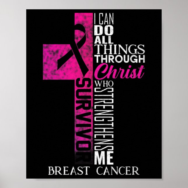Pink Ribbon Brustkrebs Überleben Christliches Kreu Poster (Vorne)