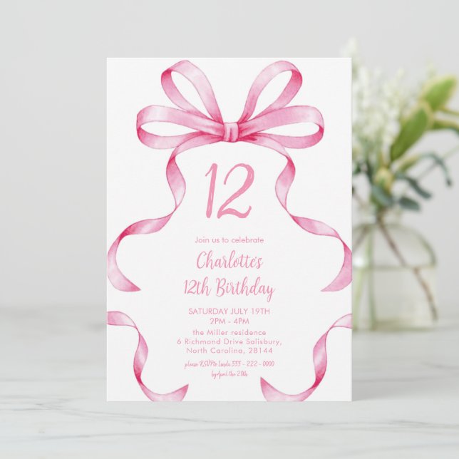 Pink Ribbon Coquette Bow 12th Birthday Invitation (Debout devant)