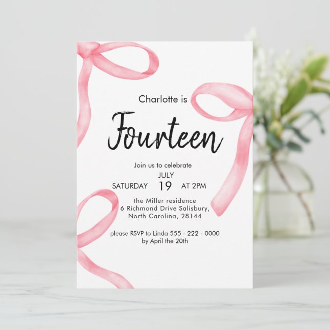 Pink Ribbon Coquette Extravagant Bow 14. Girl Gebu Einladung (Stehend Vorderseite)
