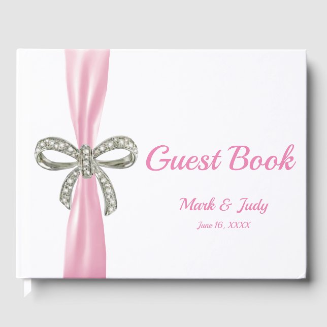Pink Ribbon Diamond Bow Wedding Gästebuch (Vorderseite)
